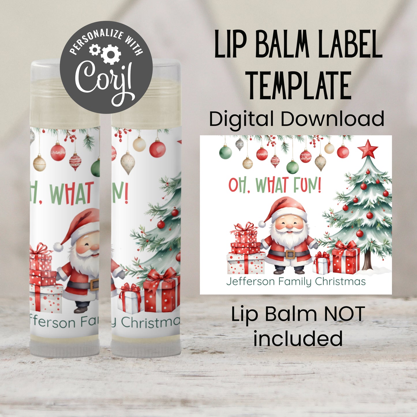 Oh What Fun Christmas Lip Balm Favor Label TEMPLATE | Editable Holiday Party Favor | Santa Christmas Printable for Kids or Adult Party 3600