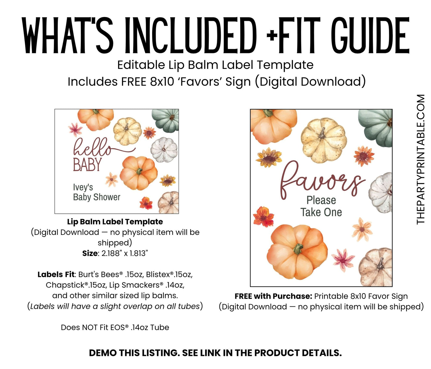 Hello Pumpkin Baby Shower Lip Balm Label Template: Fall Party Favor