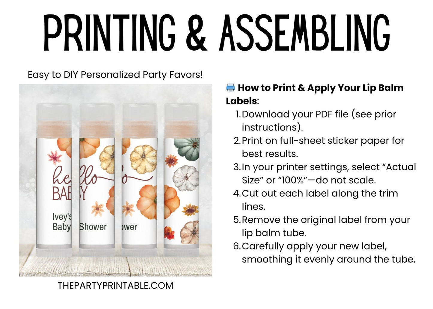 Hello Pumpkin Baby Shower Lip Balm Label Template: Fall Party Favor