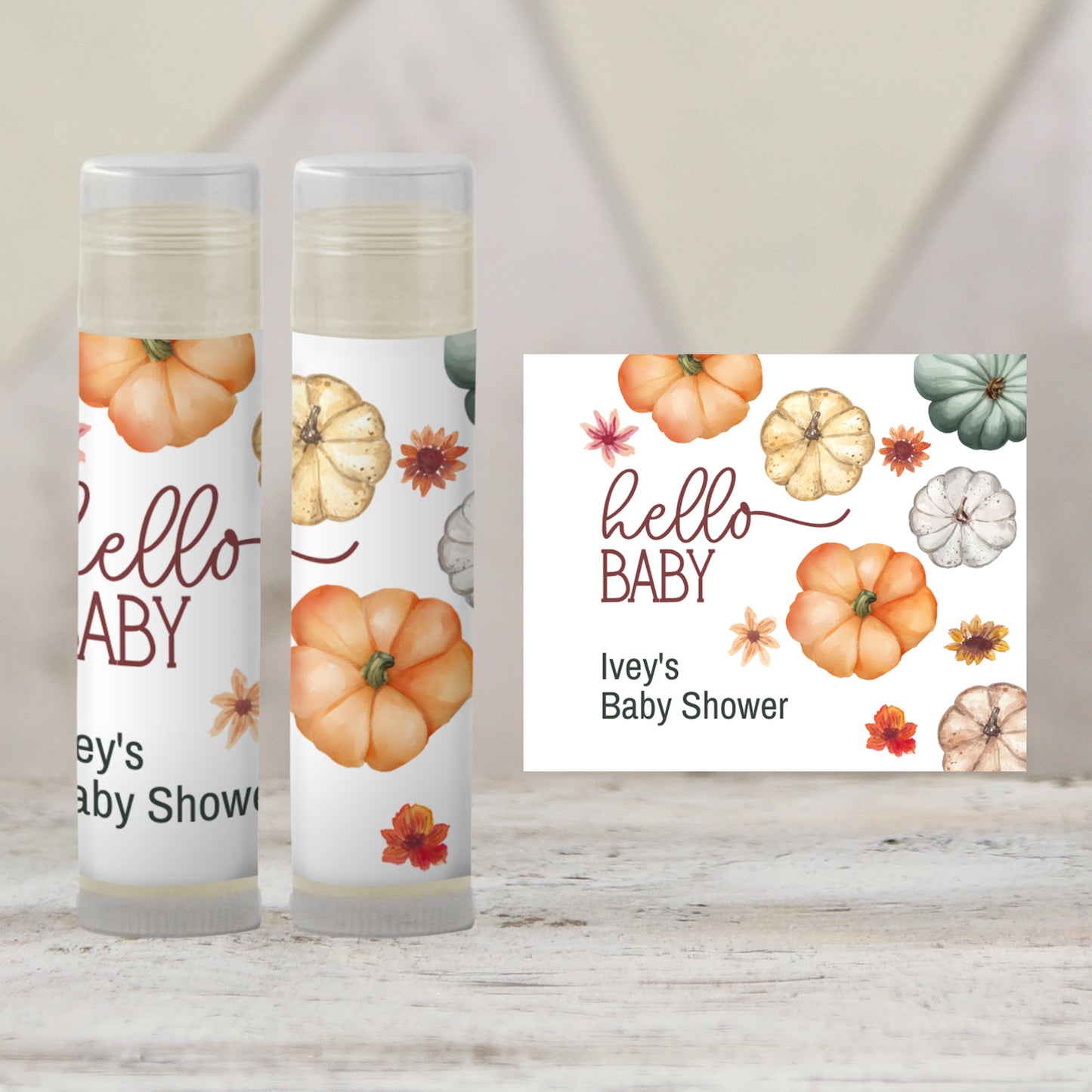 Hello Pumpkin Baby Shower Lip Balm Label Template: Fall Party Favor