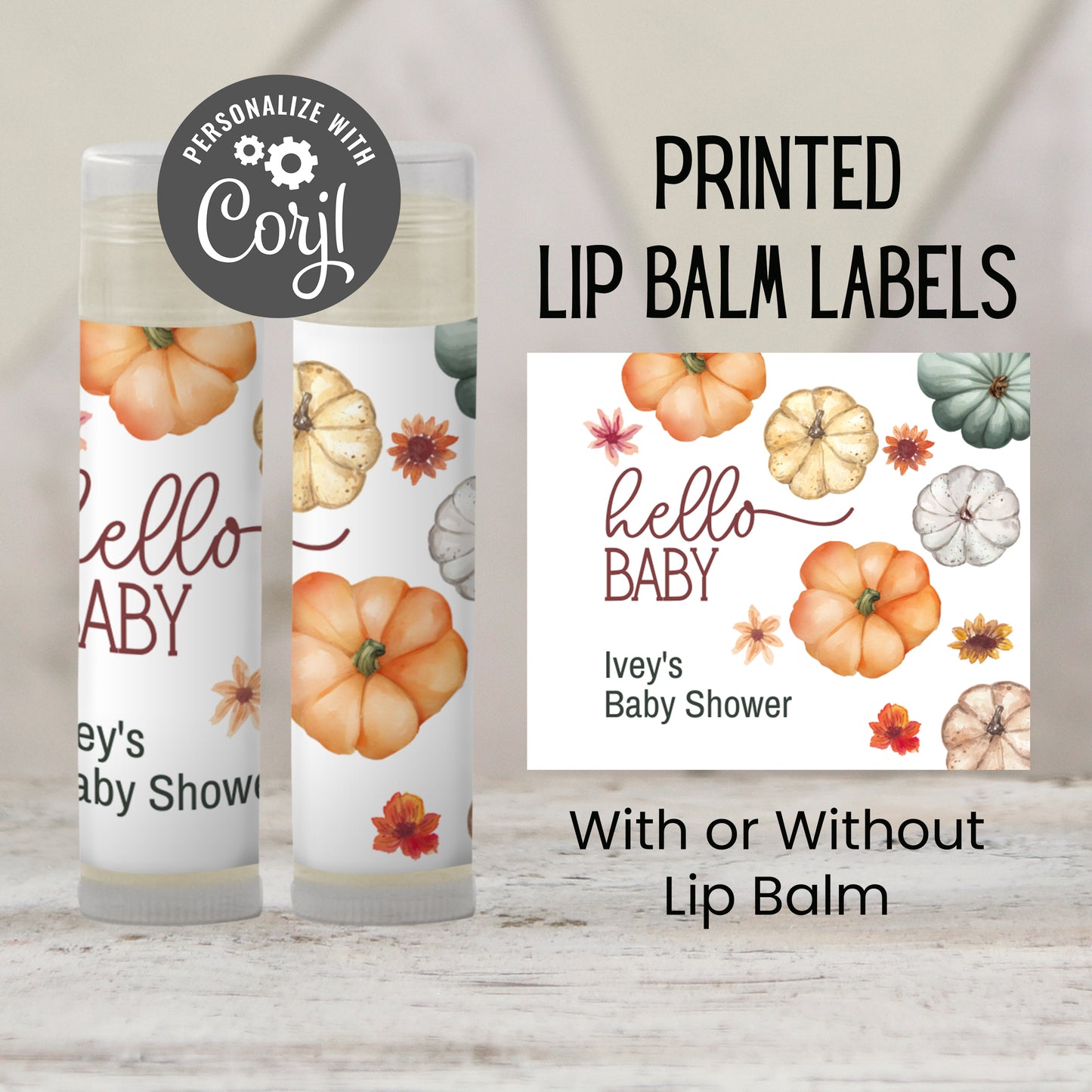 Hello Pumpkin Chapstick Favors: Fall Baby Shower, Rustic Guest Gift