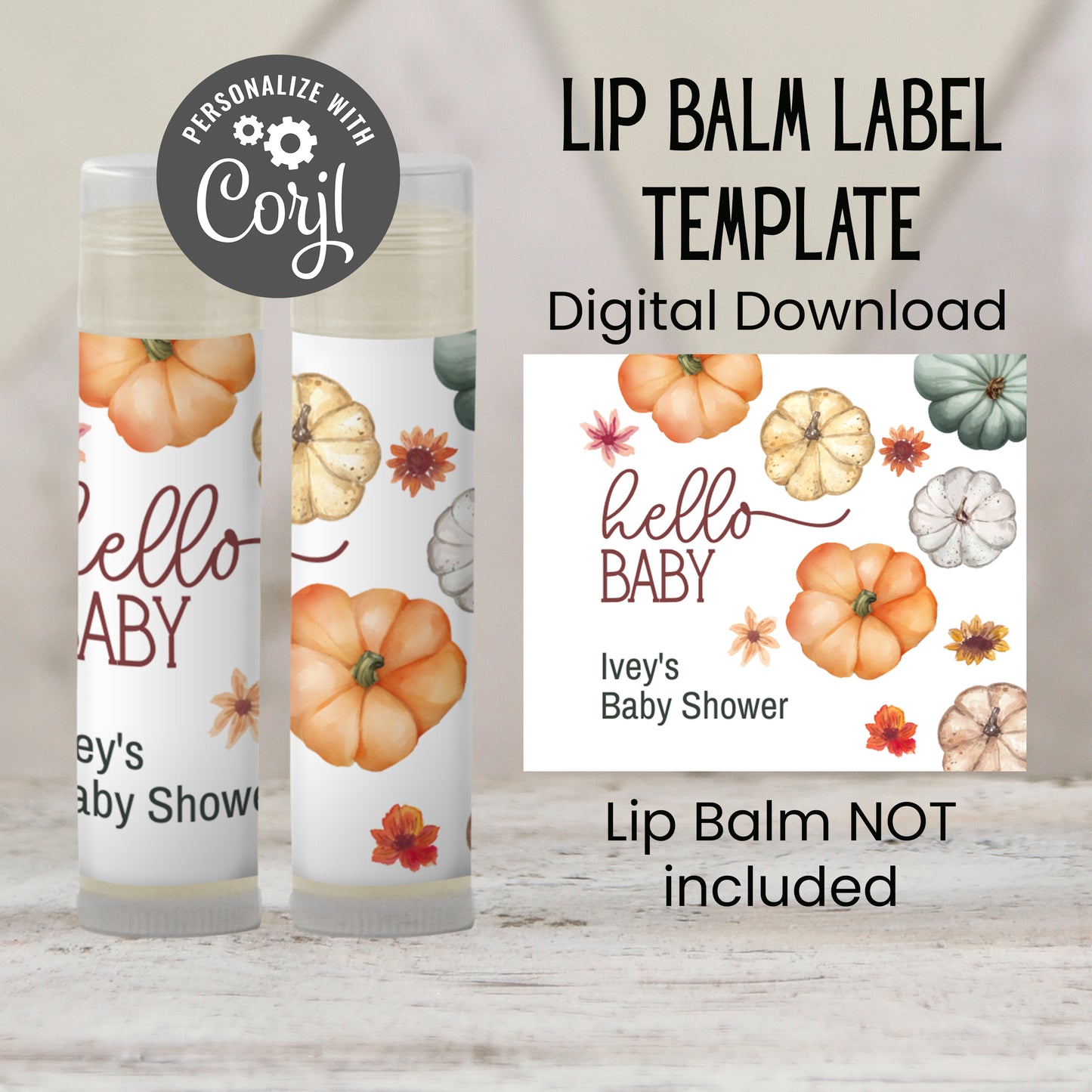 Hello Pumpkin Baby Shower Lip Balm Label Template: Fall Party Favor
