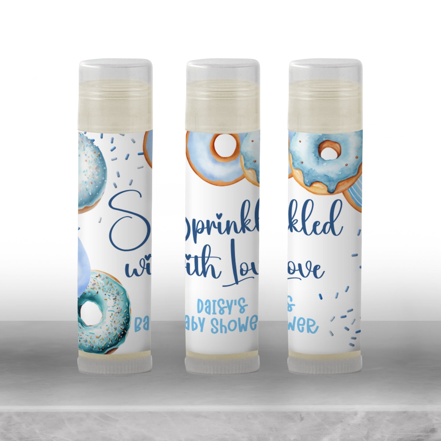Blue Donuts Baby Sprinkle Favors, Boy Donuts Baby Shower Chapstick Party Favor, Sprinkled with Love Shower, Donuts Baby Shower 3602