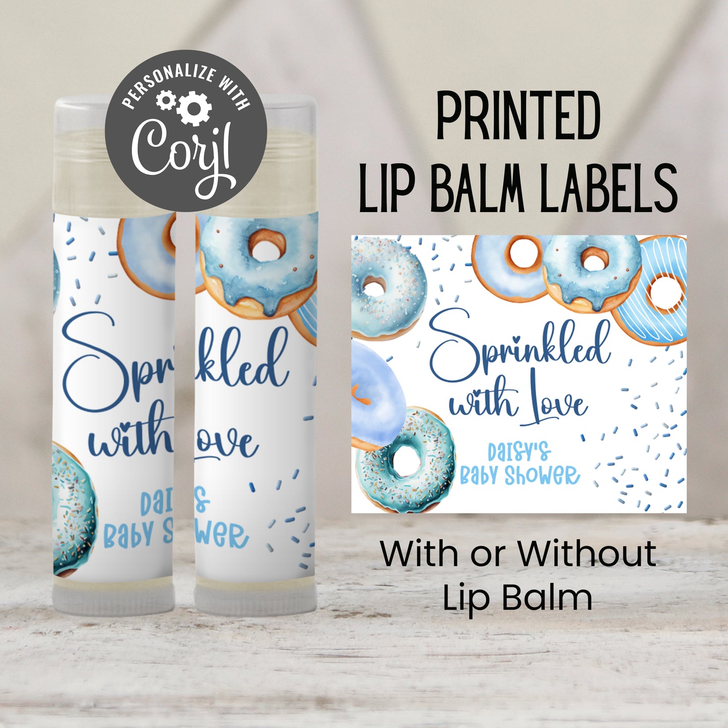 Blue Donuts Baby Sprinkle Favors, Boy Donuts Baby Shower Chapstick Party Favor, Sprinkled with Love Shower, Donuts Baby Shower 3602