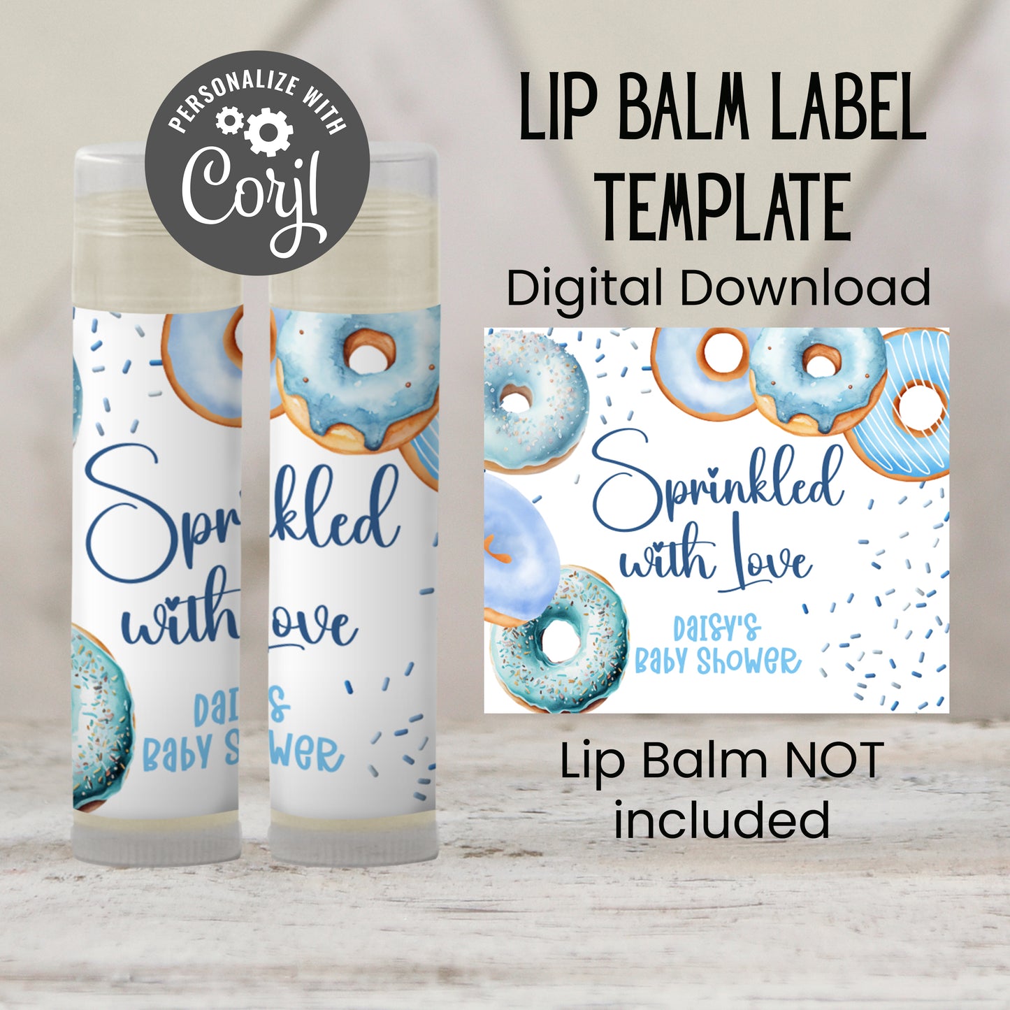 Printable Blue Donuts Baby Sprinkle Chapstick TEMPLATE | Boy Donuts Baby Shower | Sprinkled with Love Party Favor | Donuts Baby Shower, 3602