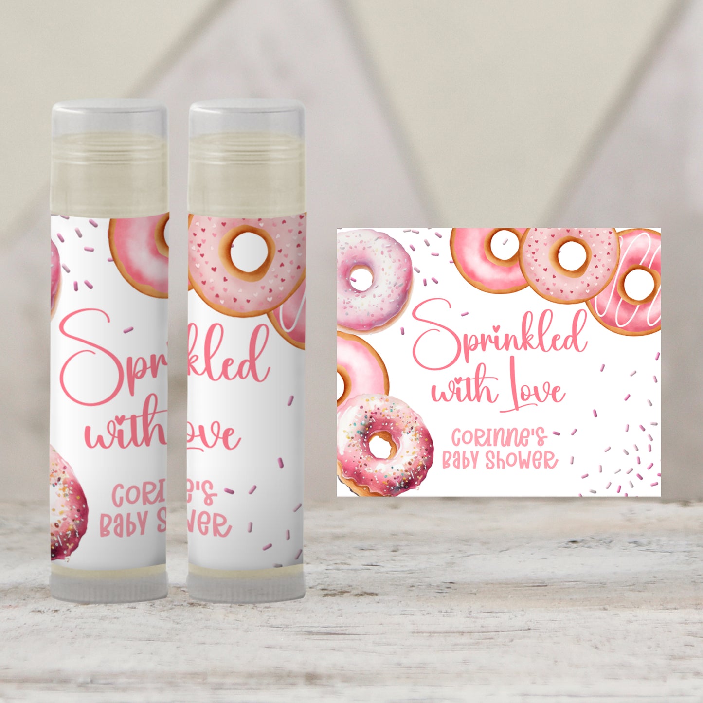 Pink Donuts Baby Sprinkle Favors, Girl Donuts Baby Shower Chapstick Party Favor Sprinkled with Love Shower, Donuts Baby Shower 3602