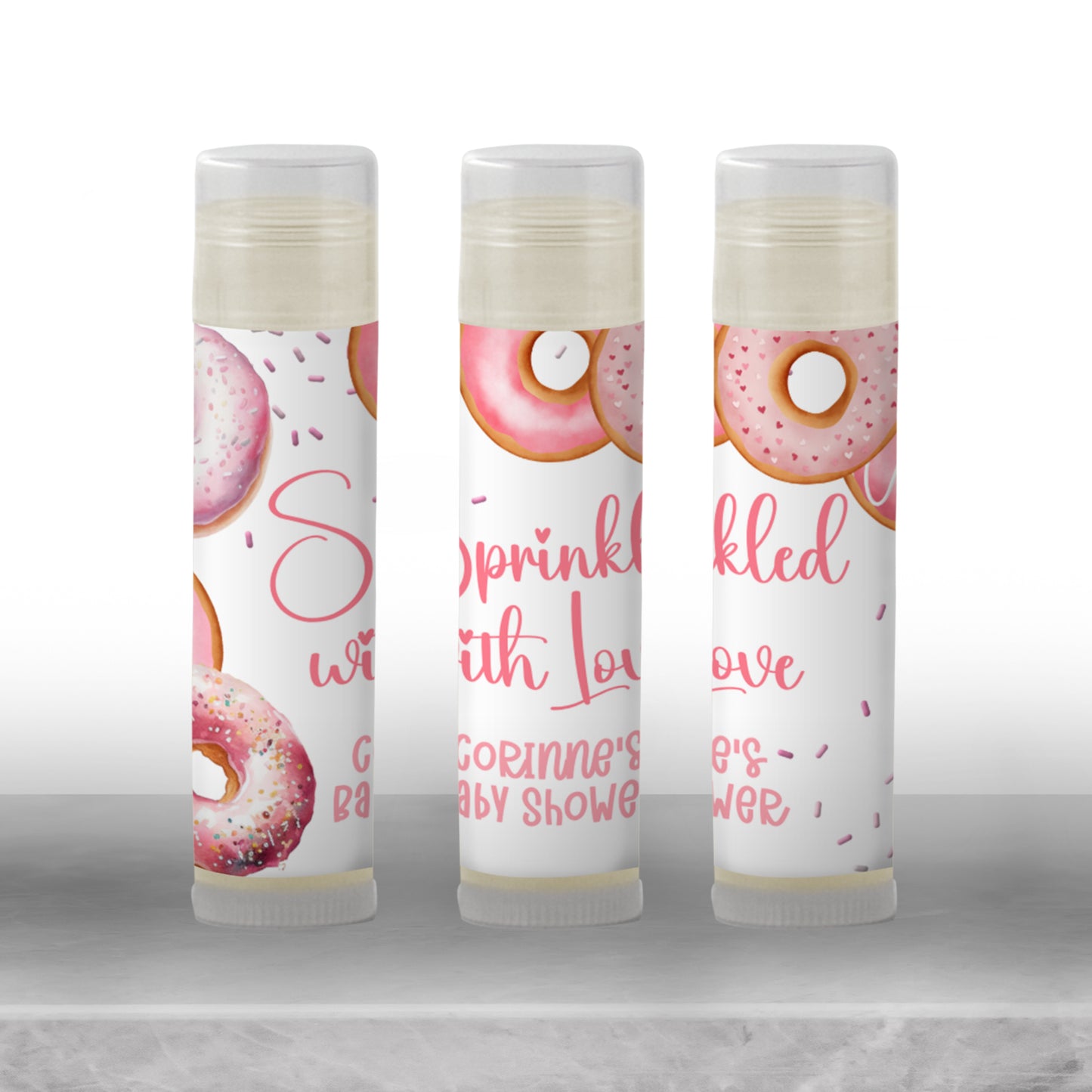 Pink Donuts Baby Sprinkle Favors, Girl Donuts Baby Shower Chapstick Party Favor Sprinkled with Love Shower, Donuts Baby Shower 3602