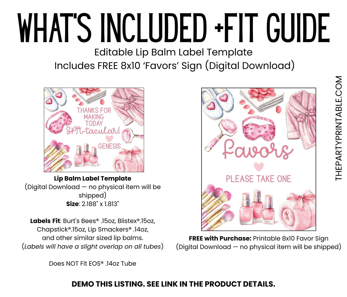 Pink Spa Lip Balm Label Template: Birthday, Bridal Shower, Bachelorette Favor