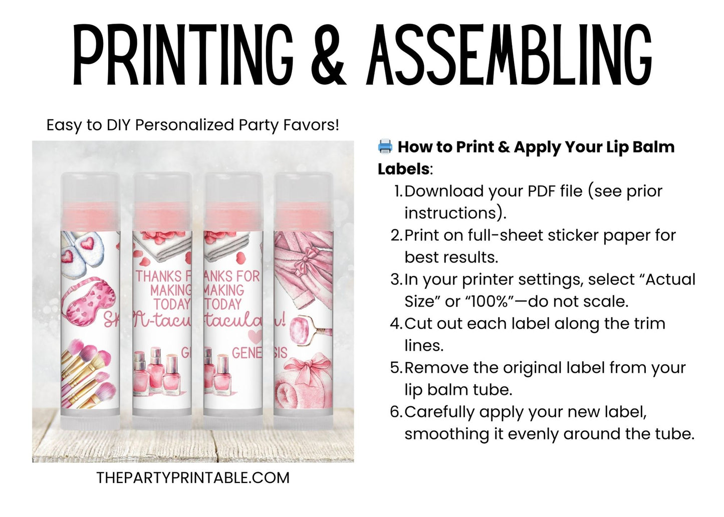 Pink Spa Lip Balm Label Template: Birthday, Bridal Shower, Bachelorette Favor