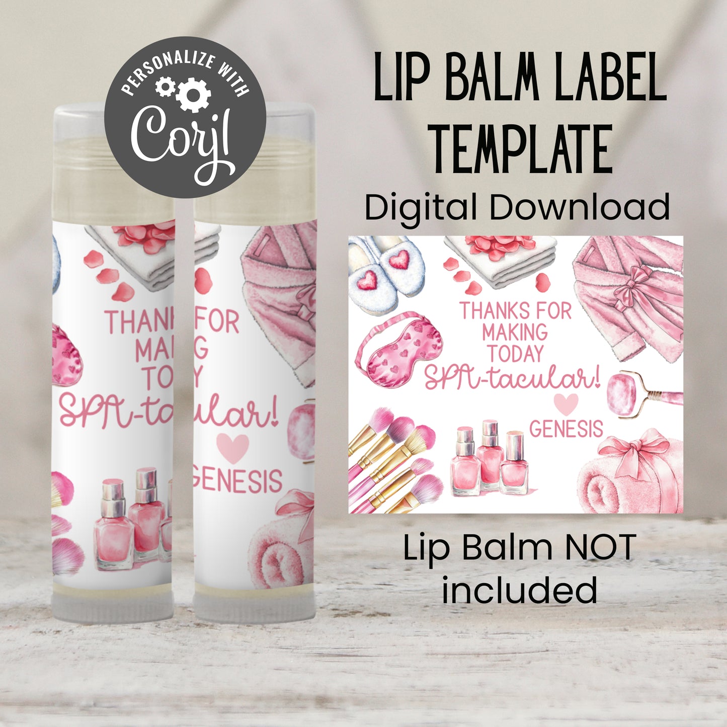 Pink Spa Lip Balm Label Template: Birthday, Bridal Shower, Bachelorette Favor