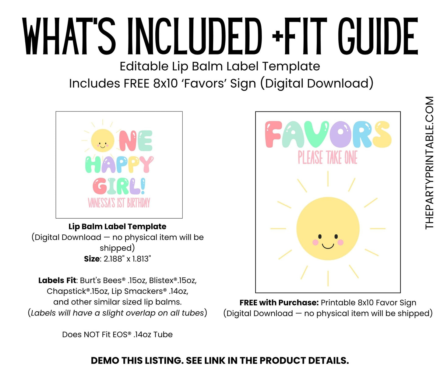 One Happy Girl First Birthday Lip Balm Favor Label TEMPLATE | Editable Sunshine Theme Printable Girl 1st Birthday Summer Party Sticker 3800