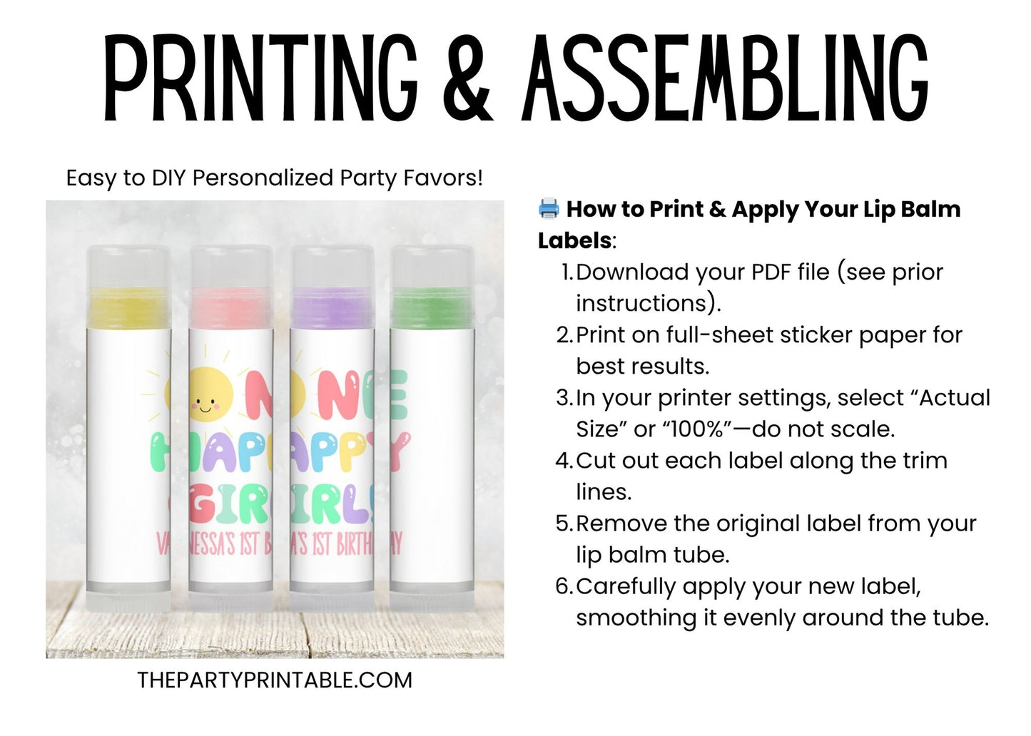 One Happy Girl First Birthday Lip Balm Favor Label TEMPLATE | Editable Sunshine Theme Printable Girl 1st Birthday Summer Party Sticker 3800
