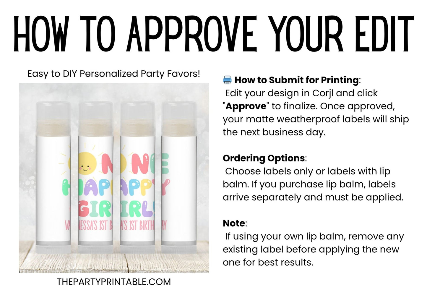 One Happy Girl 1st Birthday Favors PRINTED Lip Balm Labels or Lip Balm | Sunshine Theme Girl Party | Summer First Birthday Guest Gift 3800