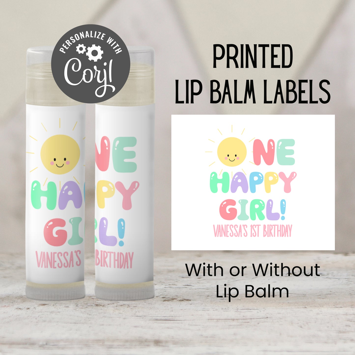 One Happy Girl 1st Birthday Favors PRINTED Lip Balm Labels or Lip Balm | Sunshine Theme Girl Party | Summer First Birthday Guest Gift 3800