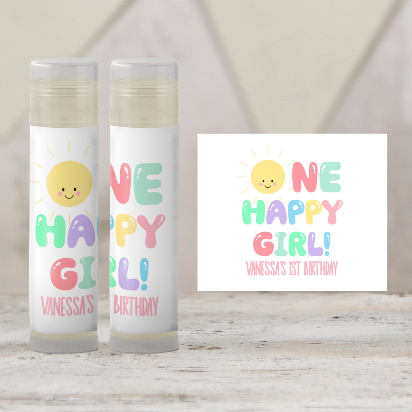 One Happy Girl 1st Birthday Favors PRINTED Lip Balm Labels or Lip Balm | Sunshine Theme Girl Party | Summer First Birthday Guest Gift 3800