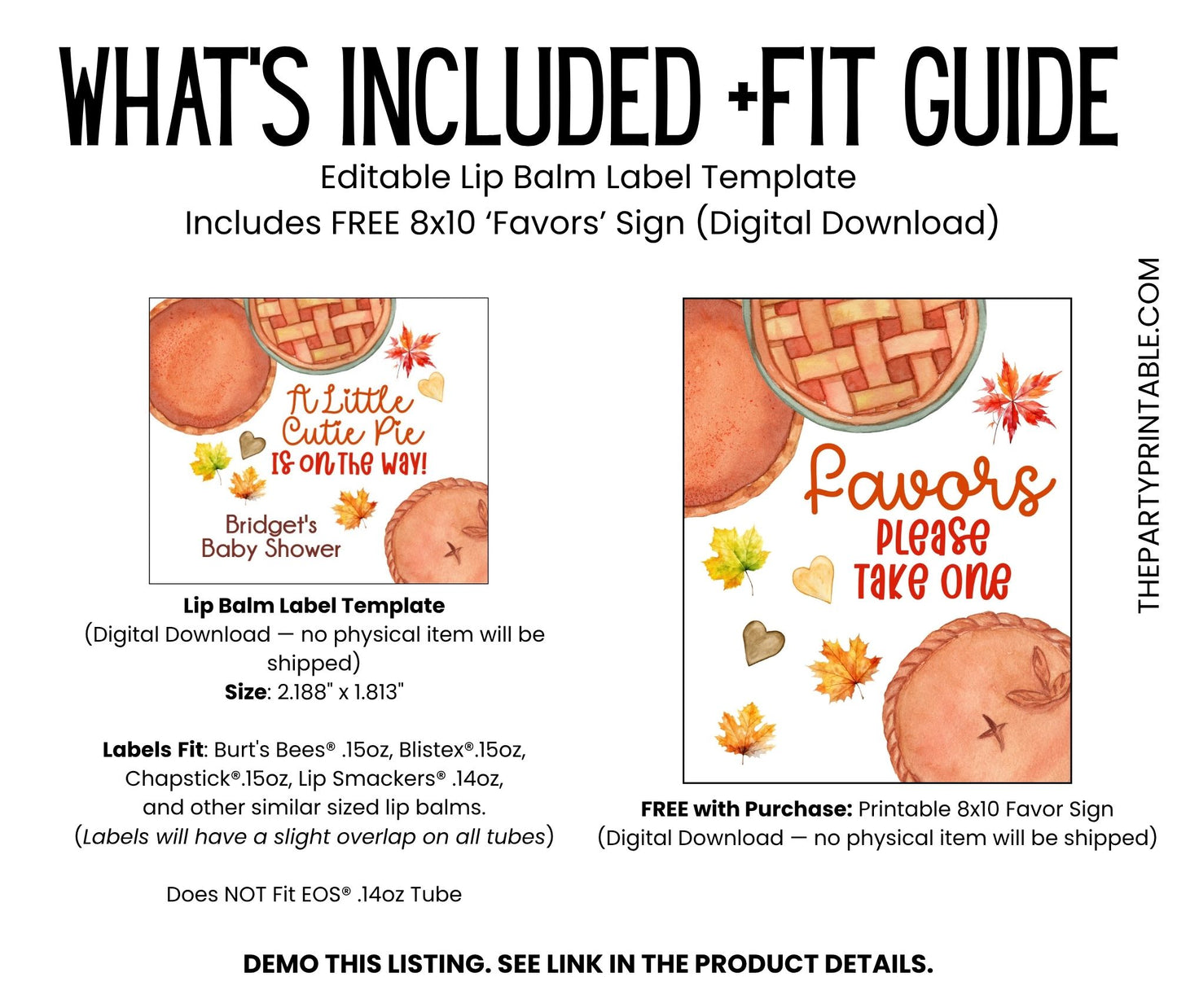 Little Sweetie Pie Baby Shower Favor Lip Balm Label TEMPLATE | Editable Fall Pumpkin Apple Theme Printable Rustic Thanksgiving Sticker 3801