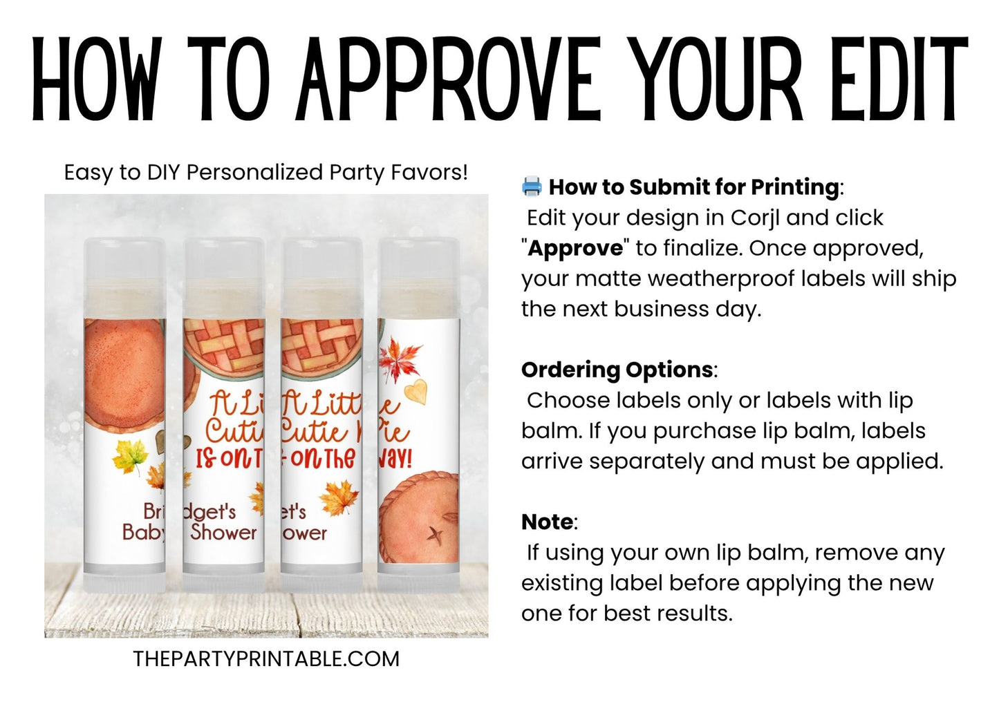 Little Cutie Pie Baby Shower Favors PRINTED Lip Balm Labels or Lip Balm | Fall Pumpkin Apple Theme | Rustic Thanksgiving Guest Gift 3801