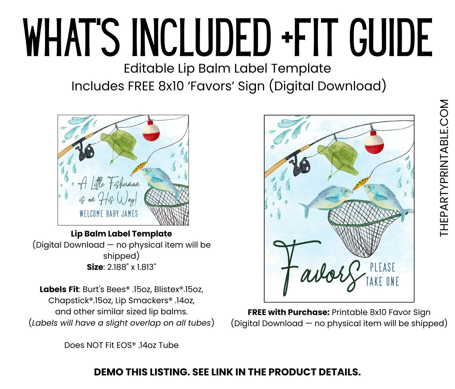 Printable Fishing Baby Shower Favor | Lip Balm Label TEMPLATE | A Little Fisherman Is on the Way | Boy Baby Shower Party Supplies, 3802