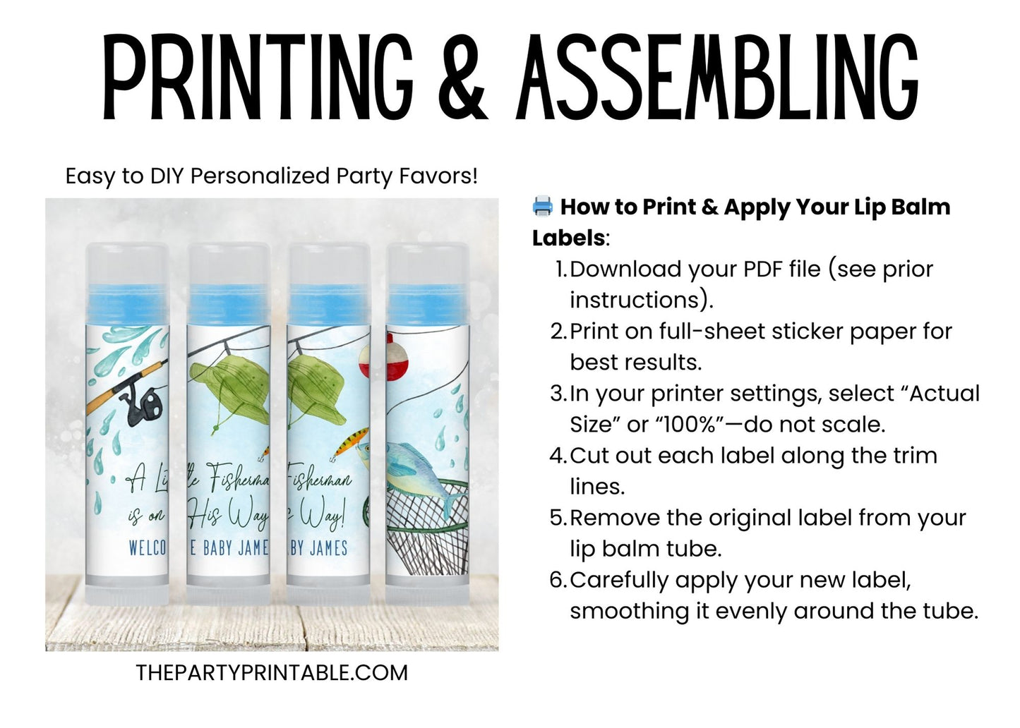 Printable Fishing Baby Shower Favor | Lip Balm Label TEMPLATE | A Little Fisherman Is on the Way | Boy Baby Shower Party Supplies, 3802