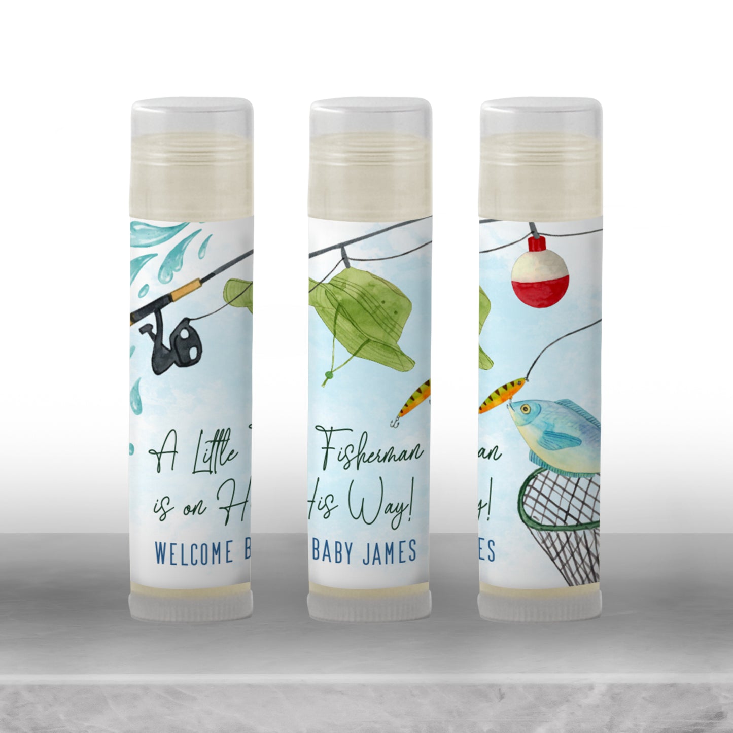 Fishing Baby Shower Chapstick Favor | A Little Fisherman Is on the Way | Boy Baby Shower Lip Balm Party Favor for Guests, 3802