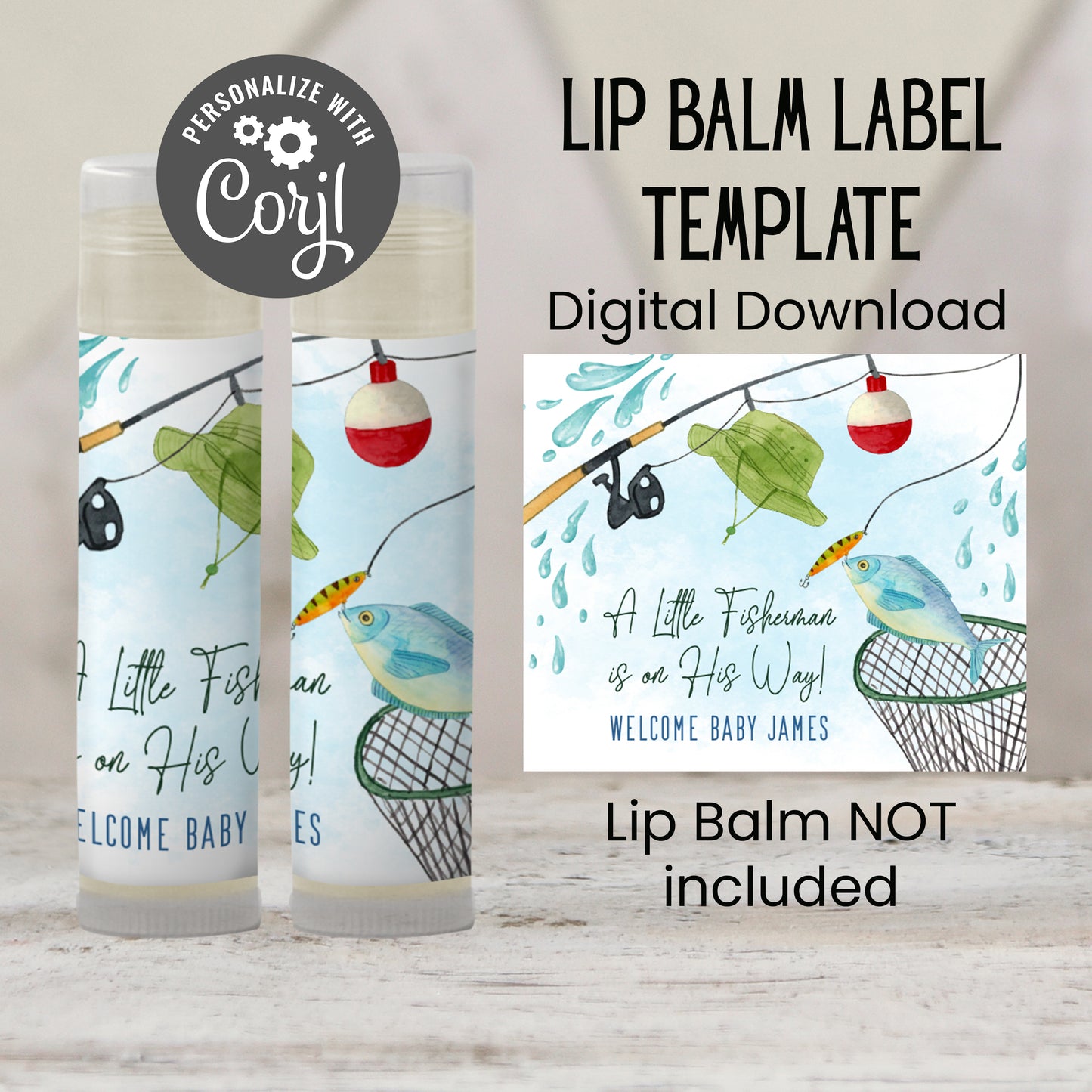 Printable Fishing Baby Shower Favor | Lip Balm Label TEMPLATE | A Little Fisherman Is on the Way | Boy Baby Shower Party Supplies, 3802