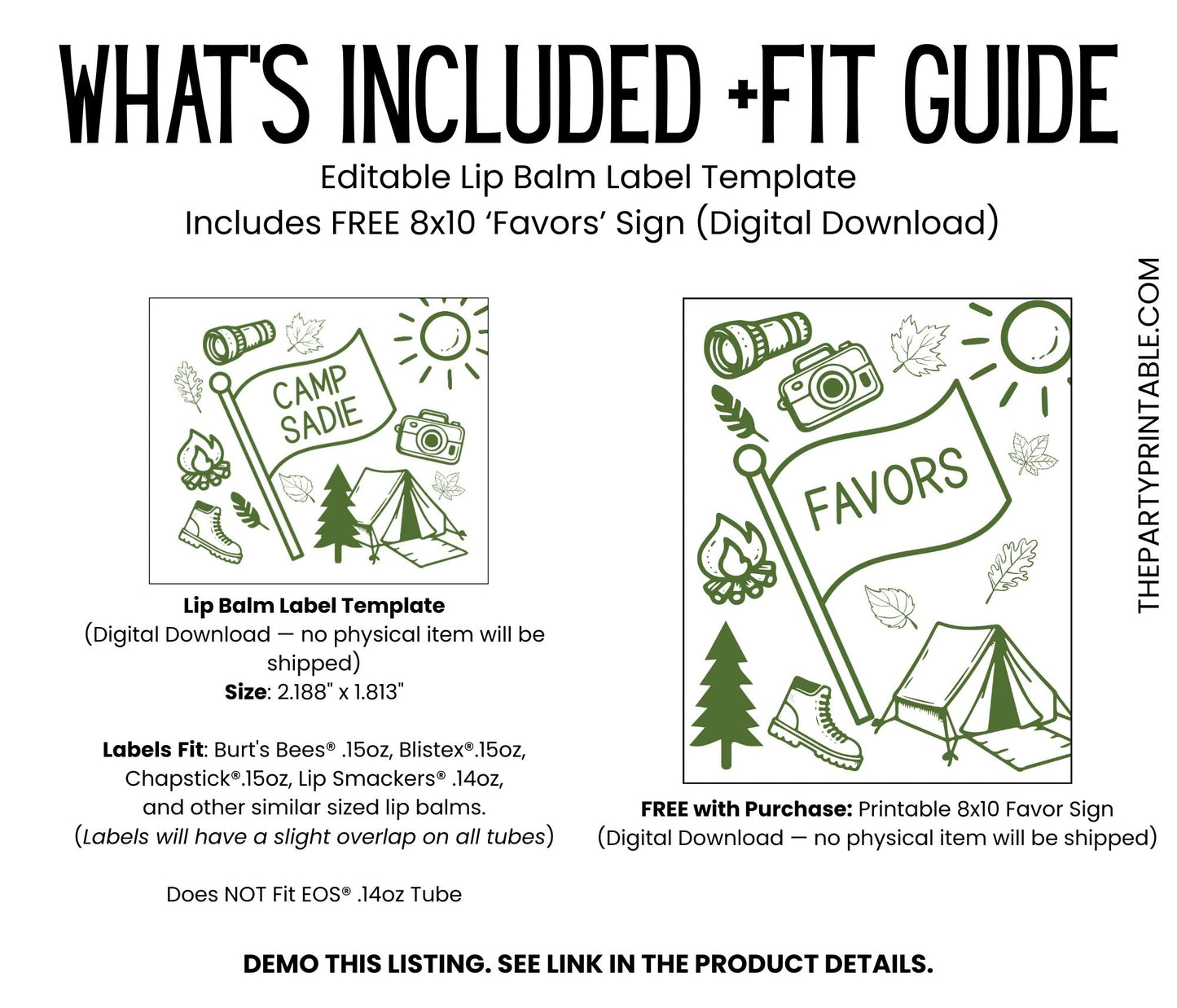 Camp Bach Lip Balm Label Template: Green Camping Theme Bachelorette or Birthday Favor