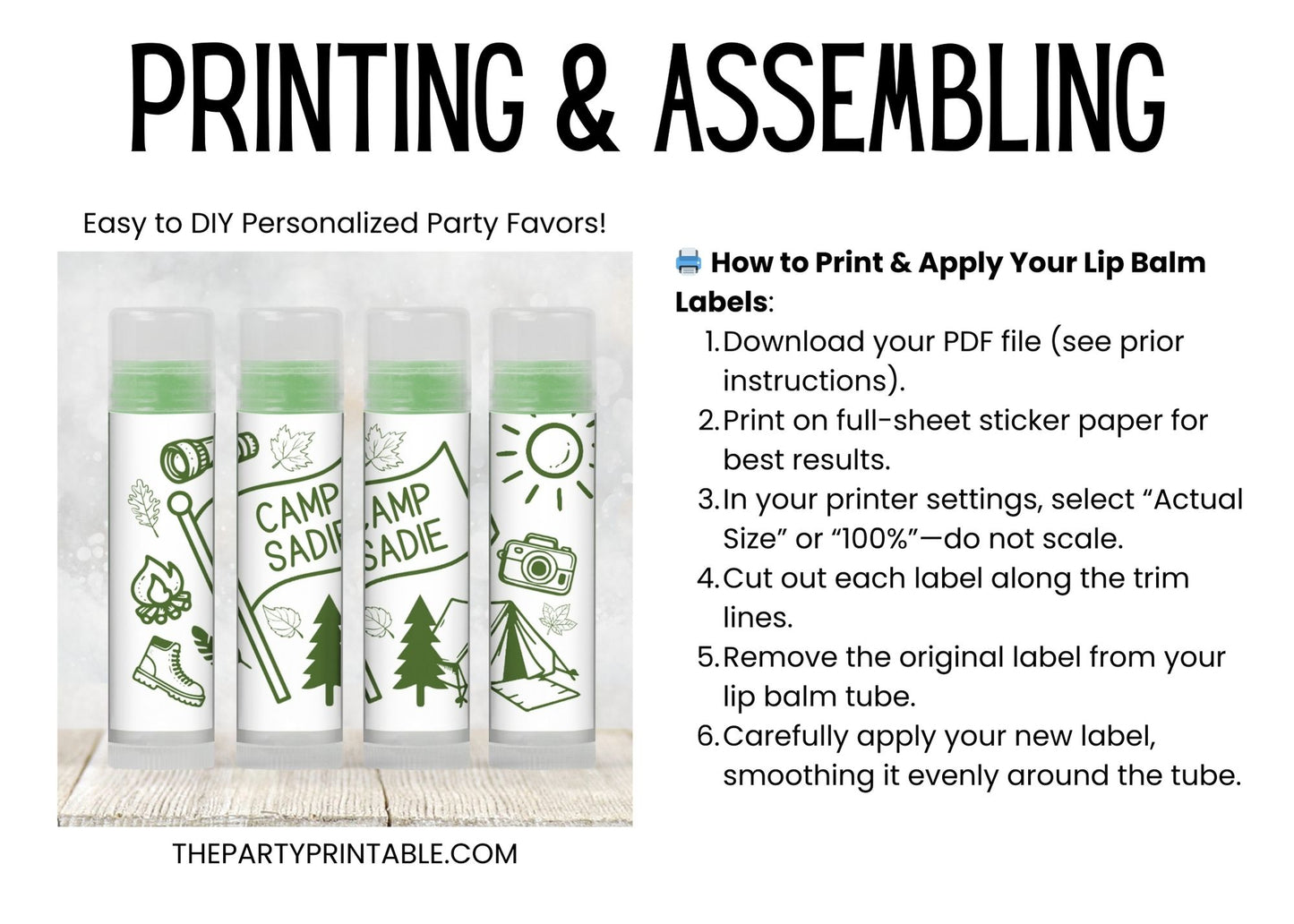 Camp Bach Lip Balm Label Template: Green Camping Theme Bachelorette or Birthday Favor