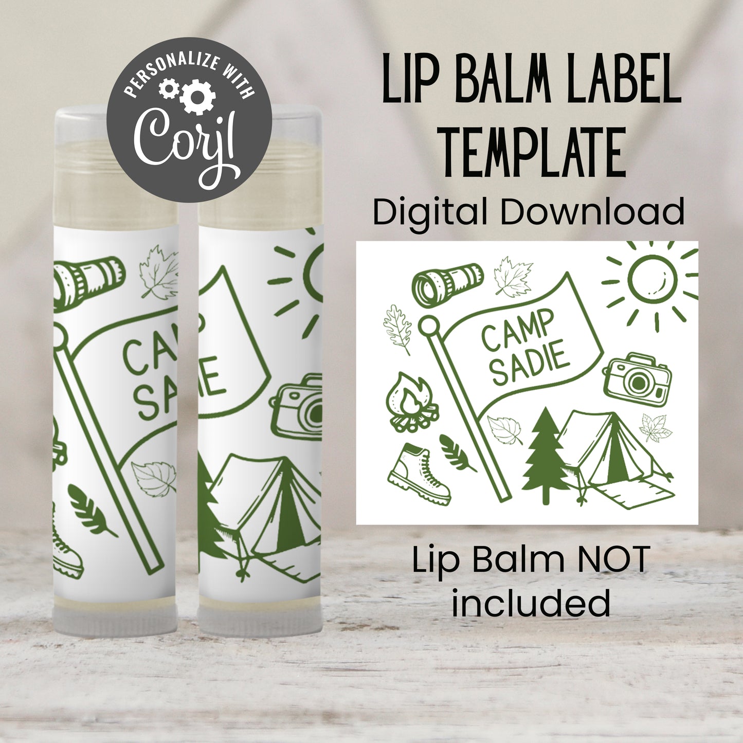 Camp Bach Lip Balm Label Template: Green Camping Theme Bachelorette or Birthday Favor
