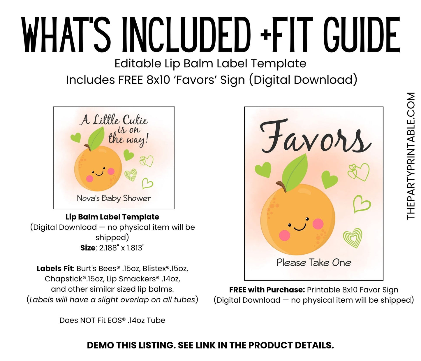 Little Cutie Lip Balm Label TEMPLATE | Citrus Baby Shower Favor | Editable Orange Chapstick Wrapper | A Little Cutie Is On The Way 4000