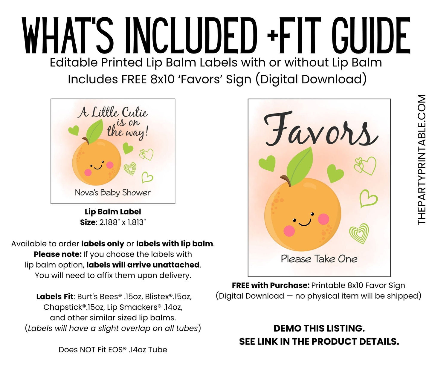 Little Cutie Baby Shower Lip Balm Favors | PRINTED Orange Citrus Labels or Lip Balm | A Little Cutie Is On The Way Party Stickers 4000