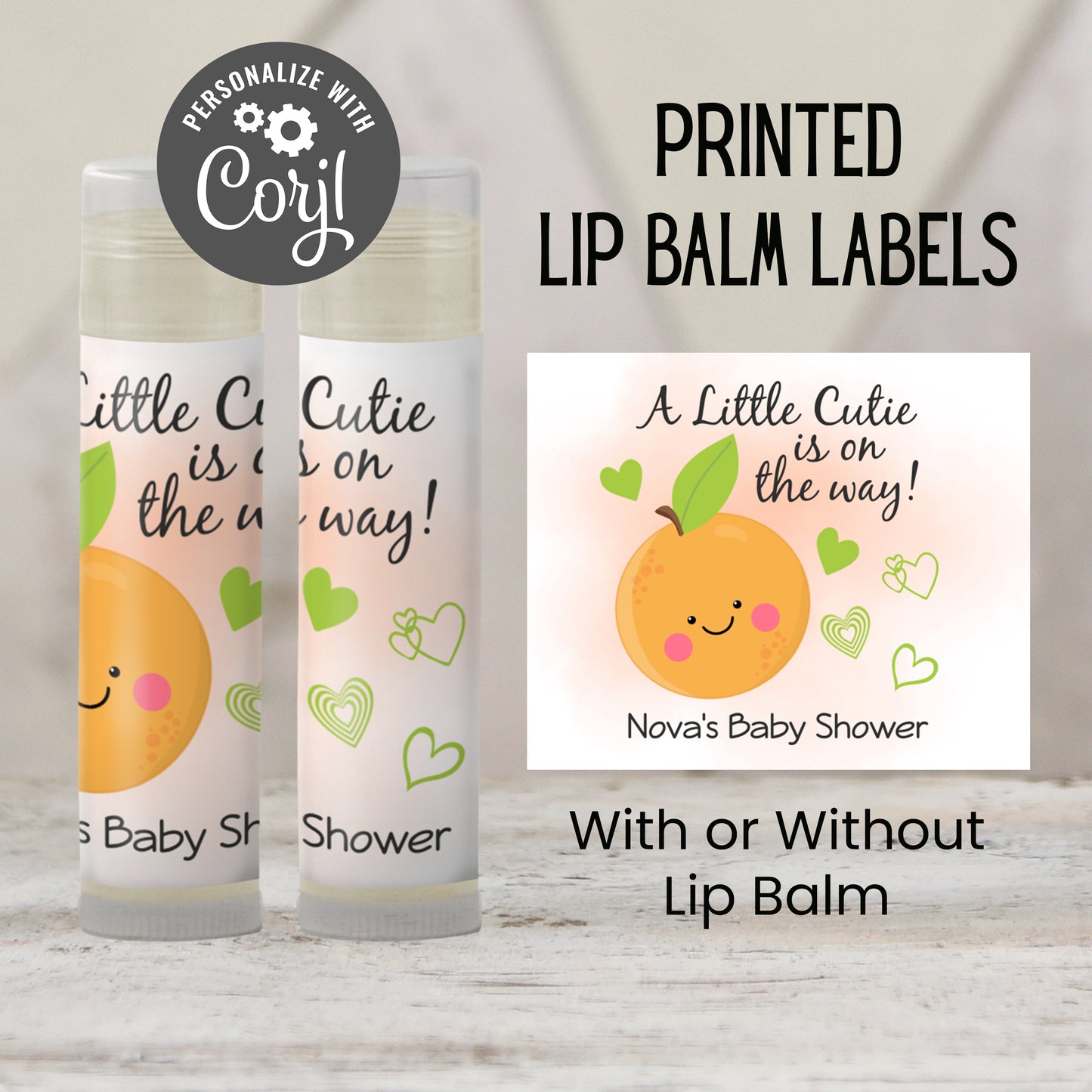 Little Cutie Baby Shower Lip Balm Favors | PRINTED Orange Citrus Labels or Lip Balm | A Little Cutie Is On The Way Party Stickers 4000