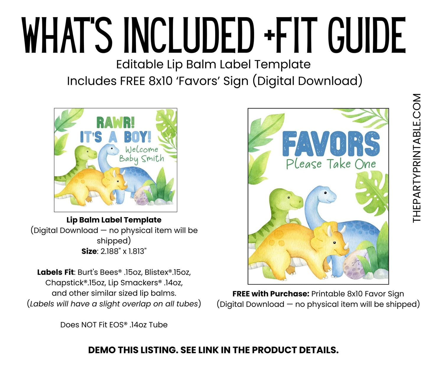 Printable Dinosaur Baby Shower Favor | Lip Balm Label TEMPLATE | Rawr It’s a Boy | Dino Baby Shower Party Favor | Chapstick Sticker, 4002