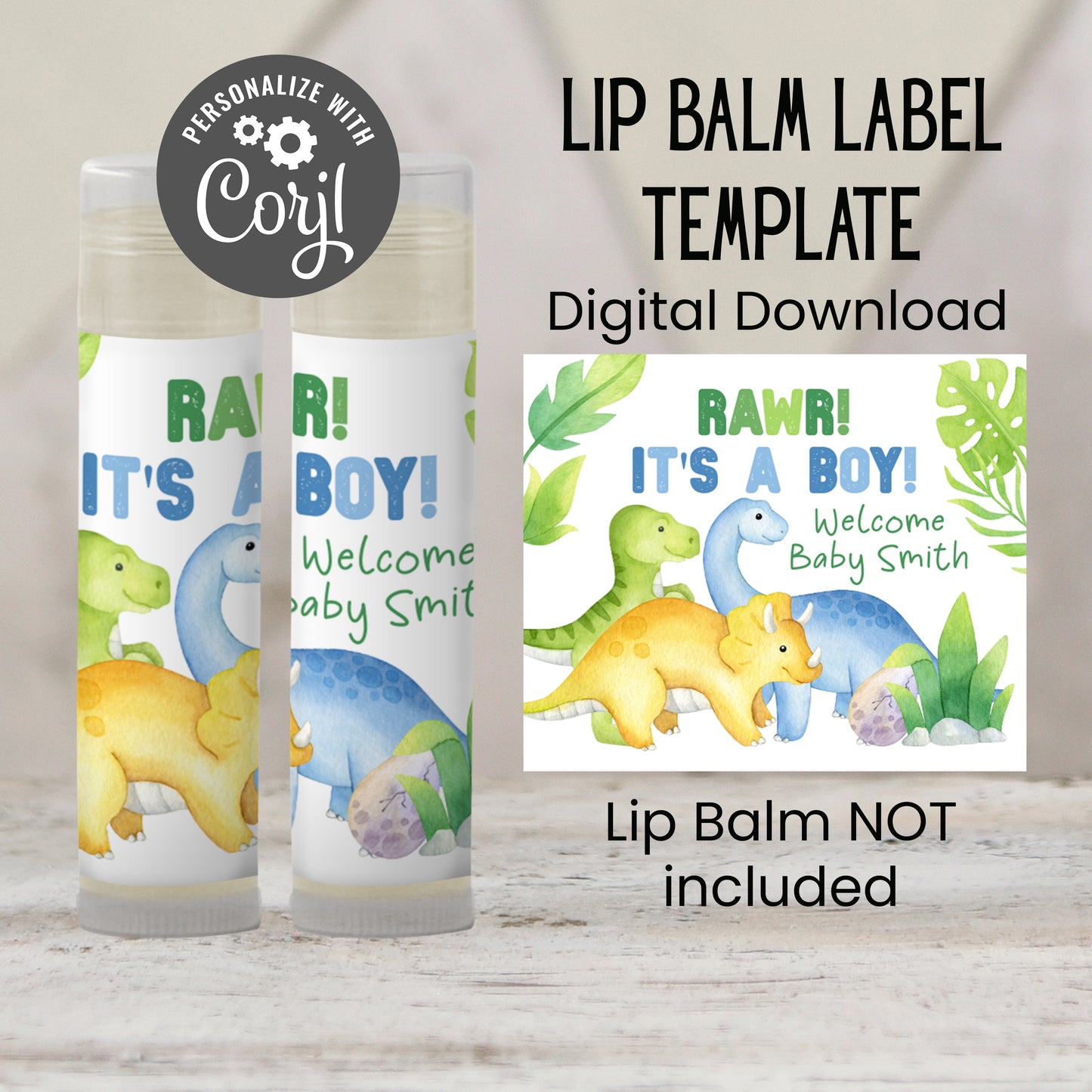 Printable Dinosaur Baby Shower Favor | Lip Balm Label TEMPLATE | Rawr It’s a Boy | Dino Baby Shower Party Favor | Chapstick Sticker, 4002