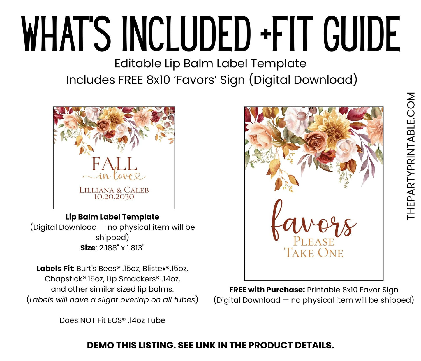 Fall in Love Lip Balm Label Template: Fall Floral Baby Shower, Rustic Wedding, or Bridal Shower Favor