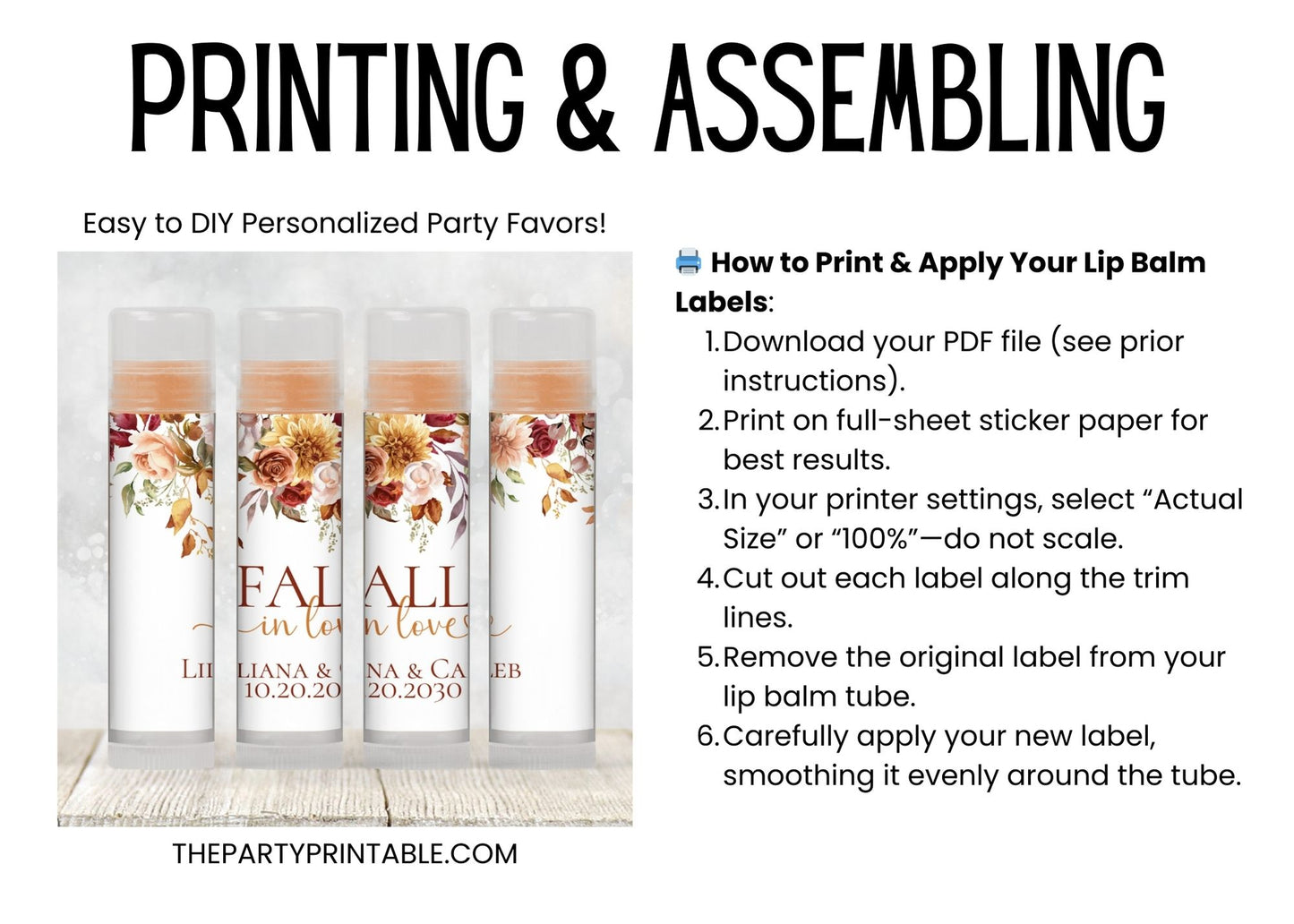 Fall in Love Lip Balm Label Template: Fall Floral Baby Shower, Rustic Wedding, or Bridal Shower Favor