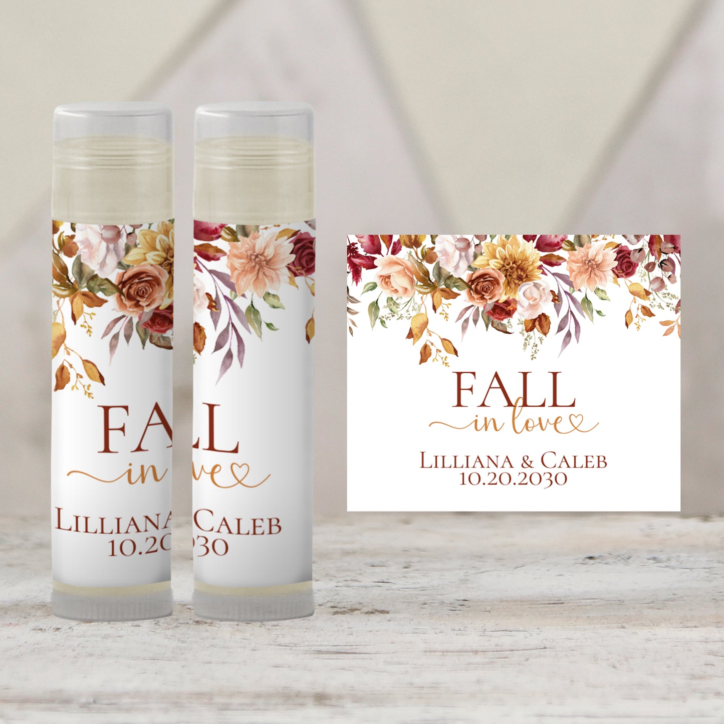 Fall in Love Chapstick Favors: Fall Floral Wedding, Baby Shower, or Bridal Shower Gift