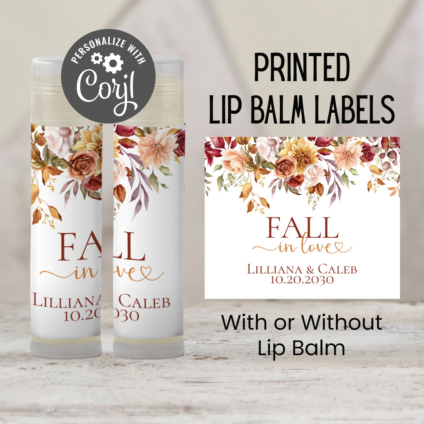 Fall in Love Chapstick Favors: Fall Floral Wedding, Baby Shower, or Bridal Shower Gift