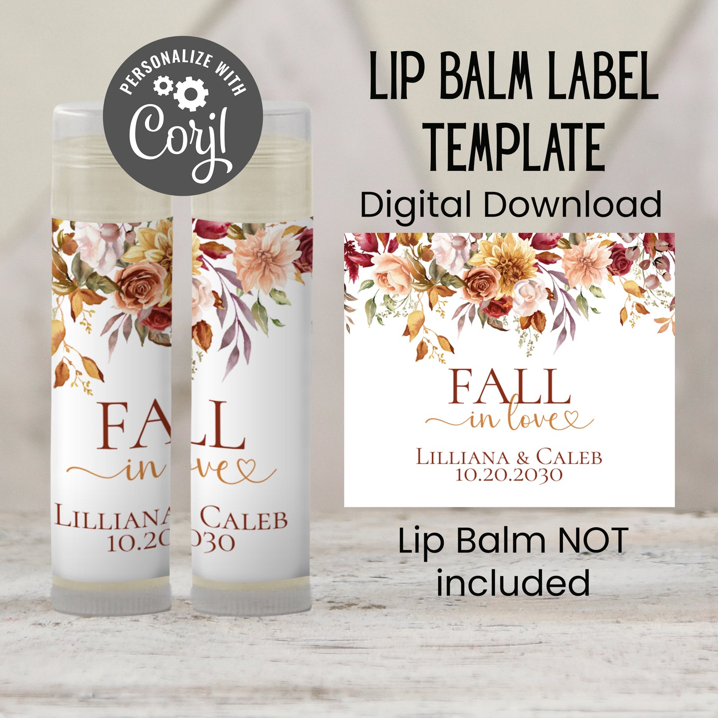 Fall in Love Lip Balm Label Template: Fall Floral Baby Shower, Rustic Wedding, or Bridal Shower Favor