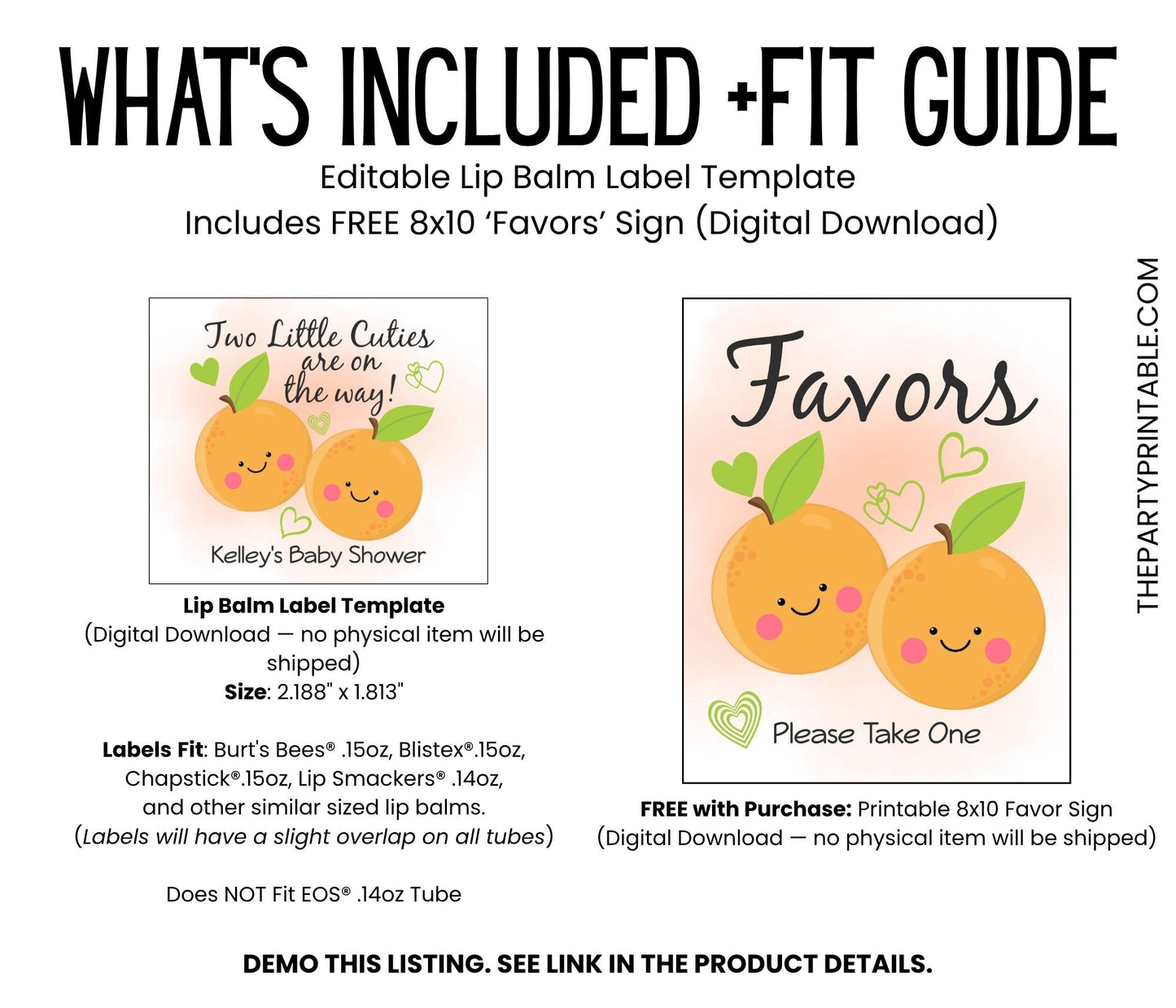 Two Little Cuties Lip Balm Label TEMPLATE | Twin Baby Shower Printable | Editable Orange Citrus Theme Labels for Twin Girls or Boys 4004