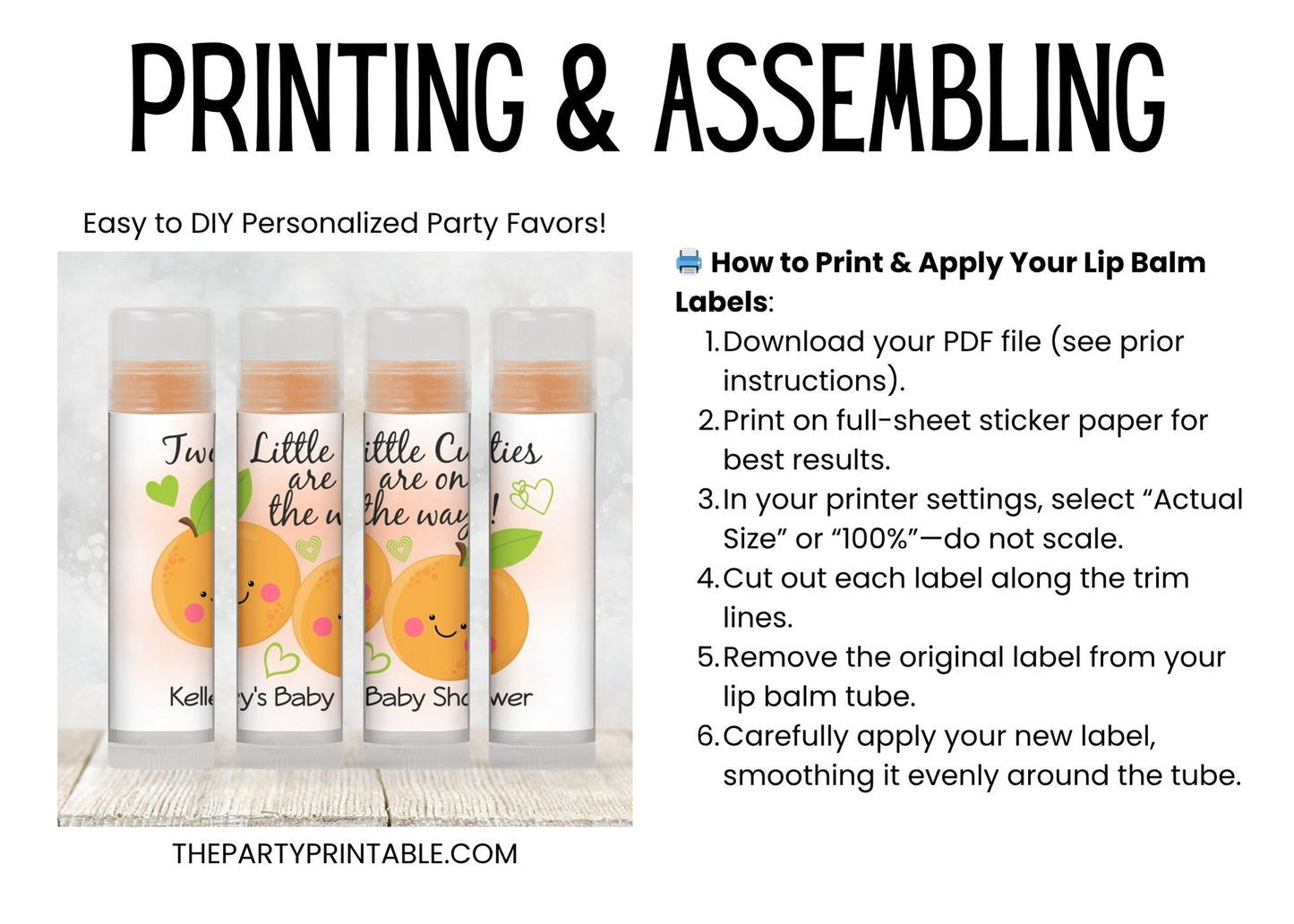 Two Little Cuties Lip Balm Label TEMPLATE | Twin Baby Shower Printable | Editable Orange Citrus Theme Labels for Twin Girls or Boys 4004
