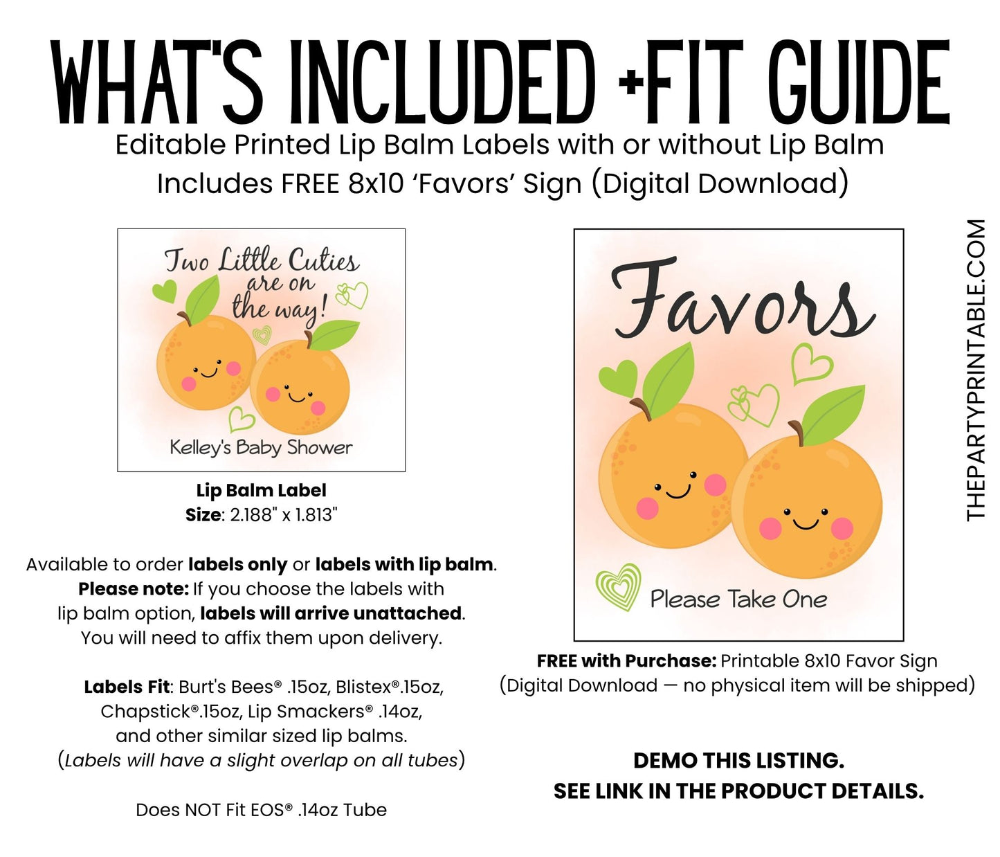 Two Little Cuties Baby Shower Lip Balm Favors | PRINTED Twin Orange Theme Labels or Lip Balm | Citrus Twin Girls or Boys Party Stickers 4004