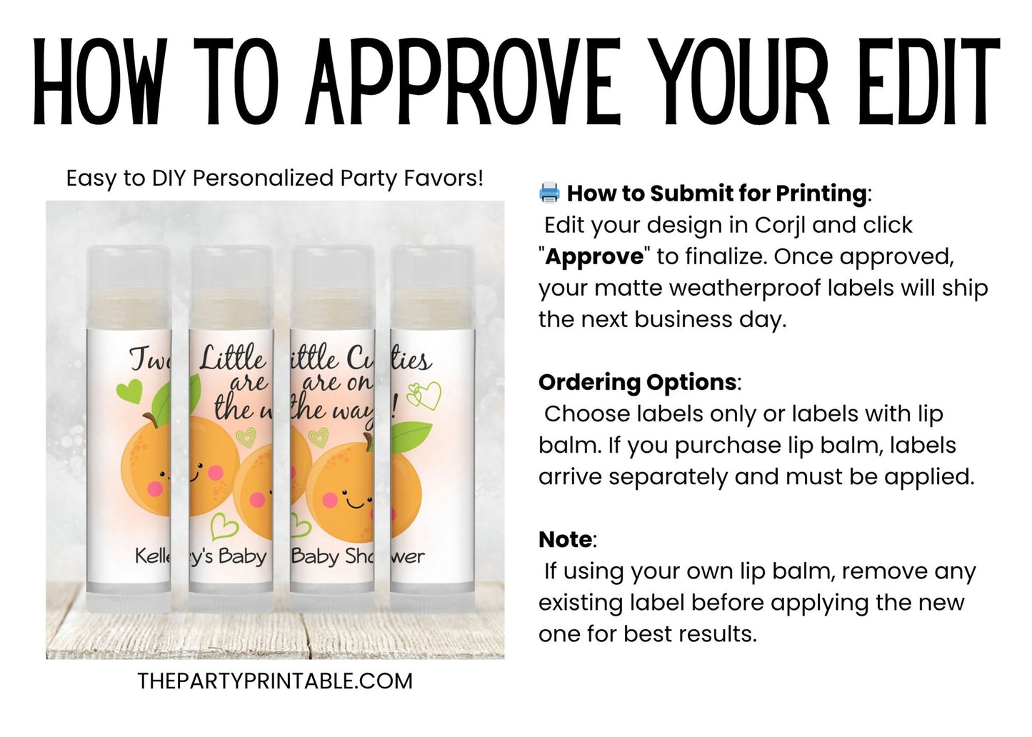Two Little Cuties Baby Shower Lip Balm Favors | PRINTED Twin Orange Theme Labels or Lip Balm | Citrus Twin Girls or Boys Party Stickers 4004