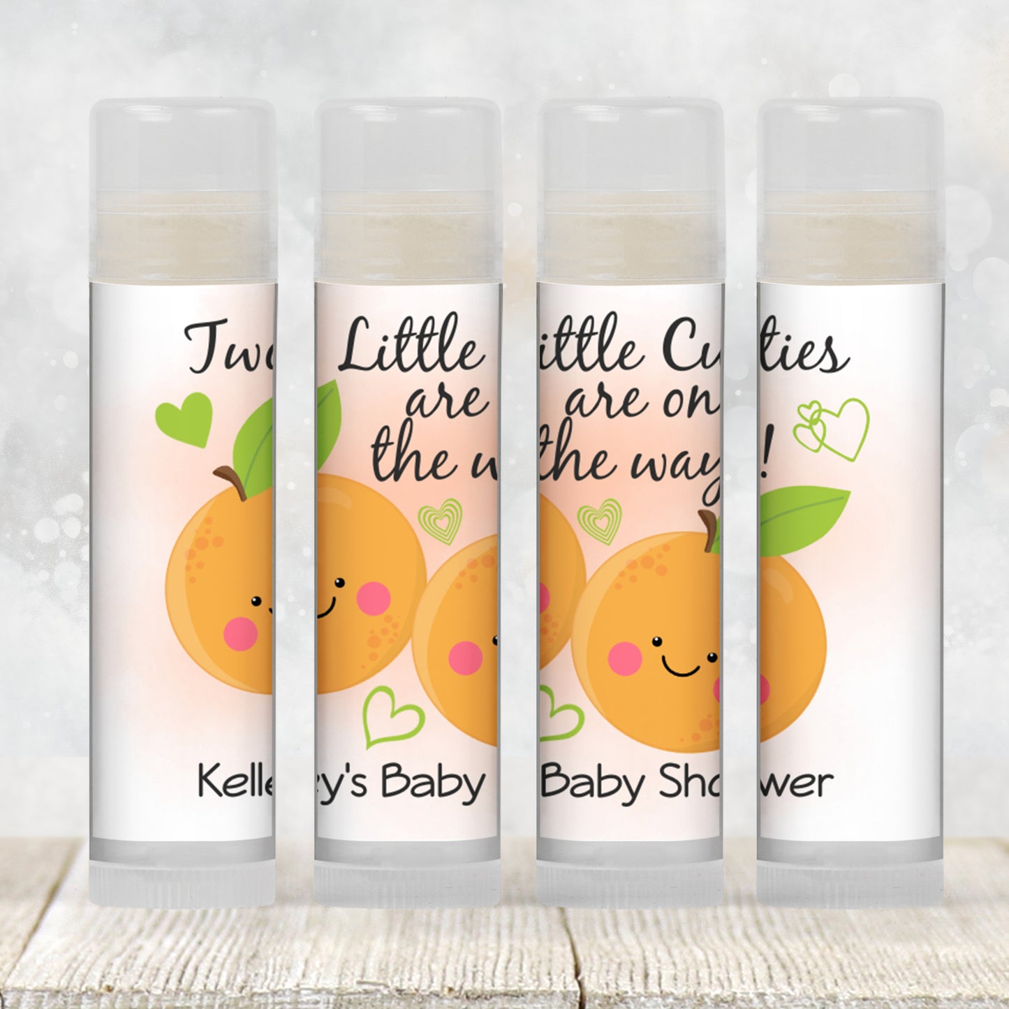 Two Little Cuties Baby Shower Lip Balm Favors | PRINTED Twin Orange Theme Labels or Lip Balm | Citrus Twin Girls or Boys Party Stickers 4004