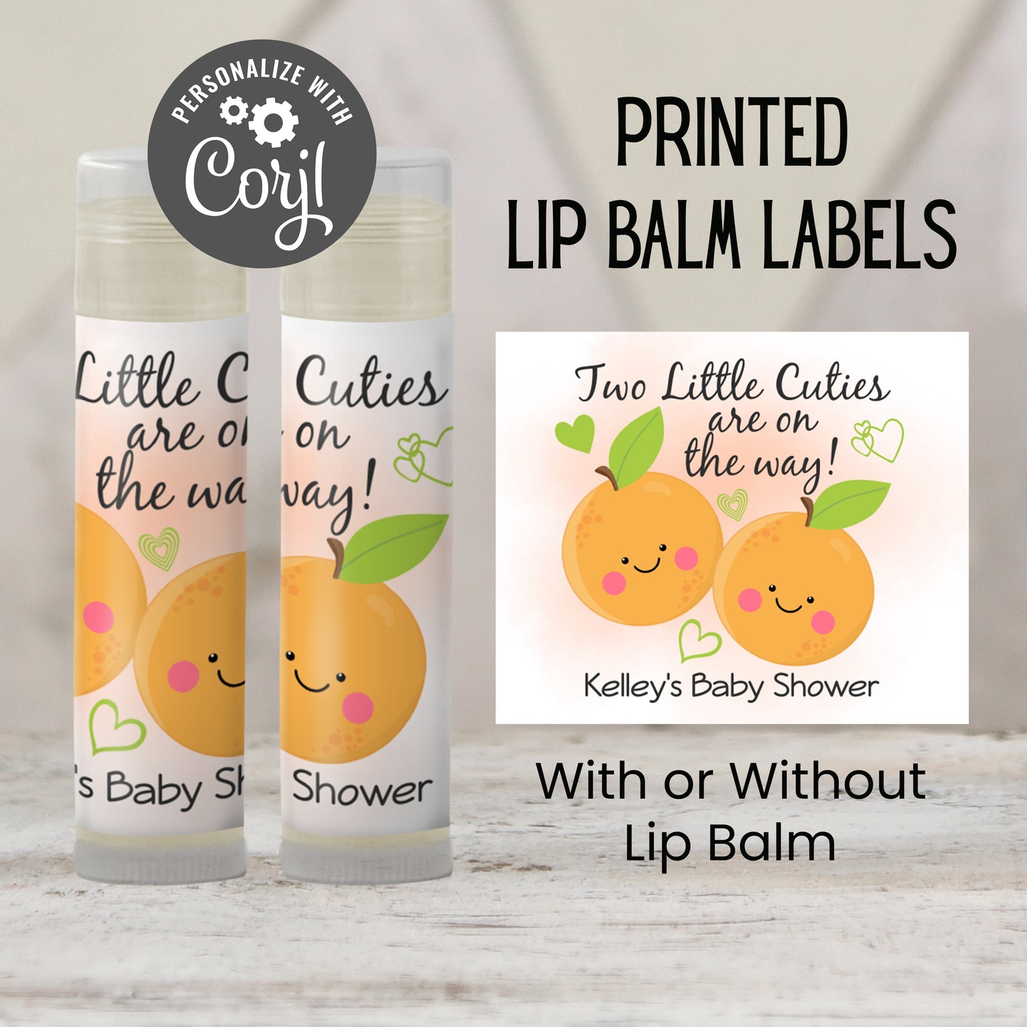 Two Little Cuties Baby Shower Lip Balm Favors | PRINTED Twin Orange Theme Labels or Lip Balm | Citrus Twin Girls or Boys Party Stickers 4004