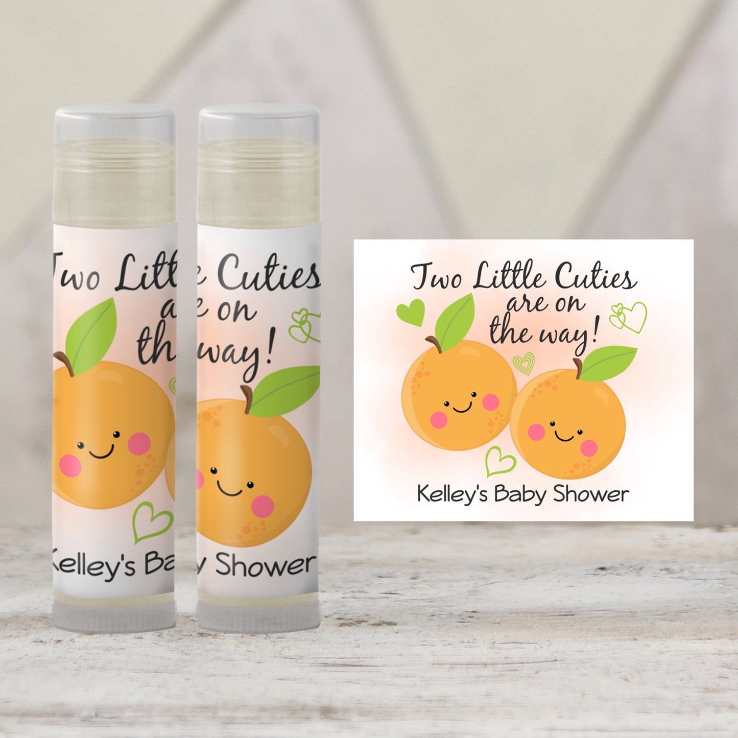 Two Little Cuties Lip Balm Label TEMPLATE | Twin Baby Shower Printable | Editable Orange Citrus Theme Labels for Twin Girls or Boys 4004