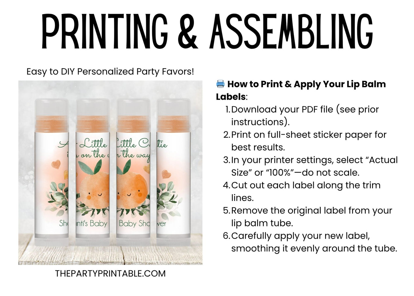 Little Cutie Lip Balm Label TEMPLATE | Baby Shower Orange Citrus Theme | Editable Favor Labels for Summer or Fruit Party 4005