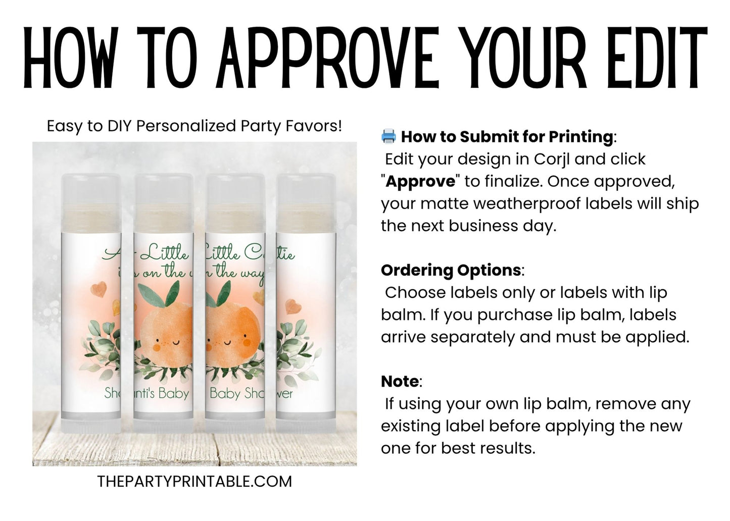 Little Cutie Baby Shower Lip Balm Favors | PRINTED Citrus Orange Labels or Lip Balm | Summer Fruit Theme Party Favors for Guests 4005