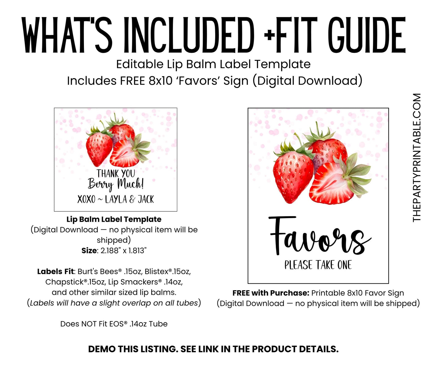 Berry Sweet Baby Shower Party Favors | Lip Balm Label TEMPLATE | Strawberry Theme Printable | Thank You Berry Much Fruit Stickers 4025