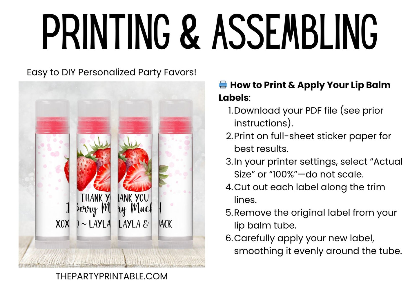 Berry Sweet Baby Shower Party Favors | Lip Balm Label TEMPLATE | Strawberry Theme Printable | Thank You Berry Much Fruit Stickers 4025