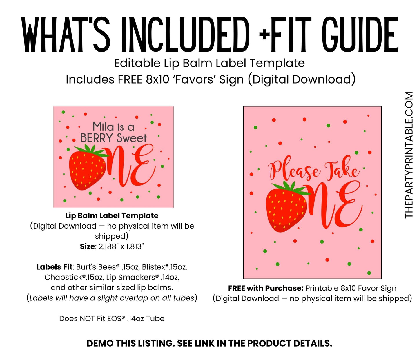 A Berry Sweet One First Birthday Favors Lip Balm Label TEMPLATE | Strawberry Theme Printable | Girl 1st Birthday Party Stickers 4029